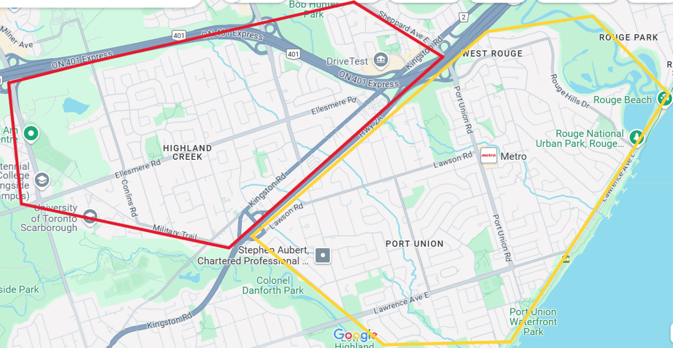 Map of Highland Creek and West Rouge in Scarborough